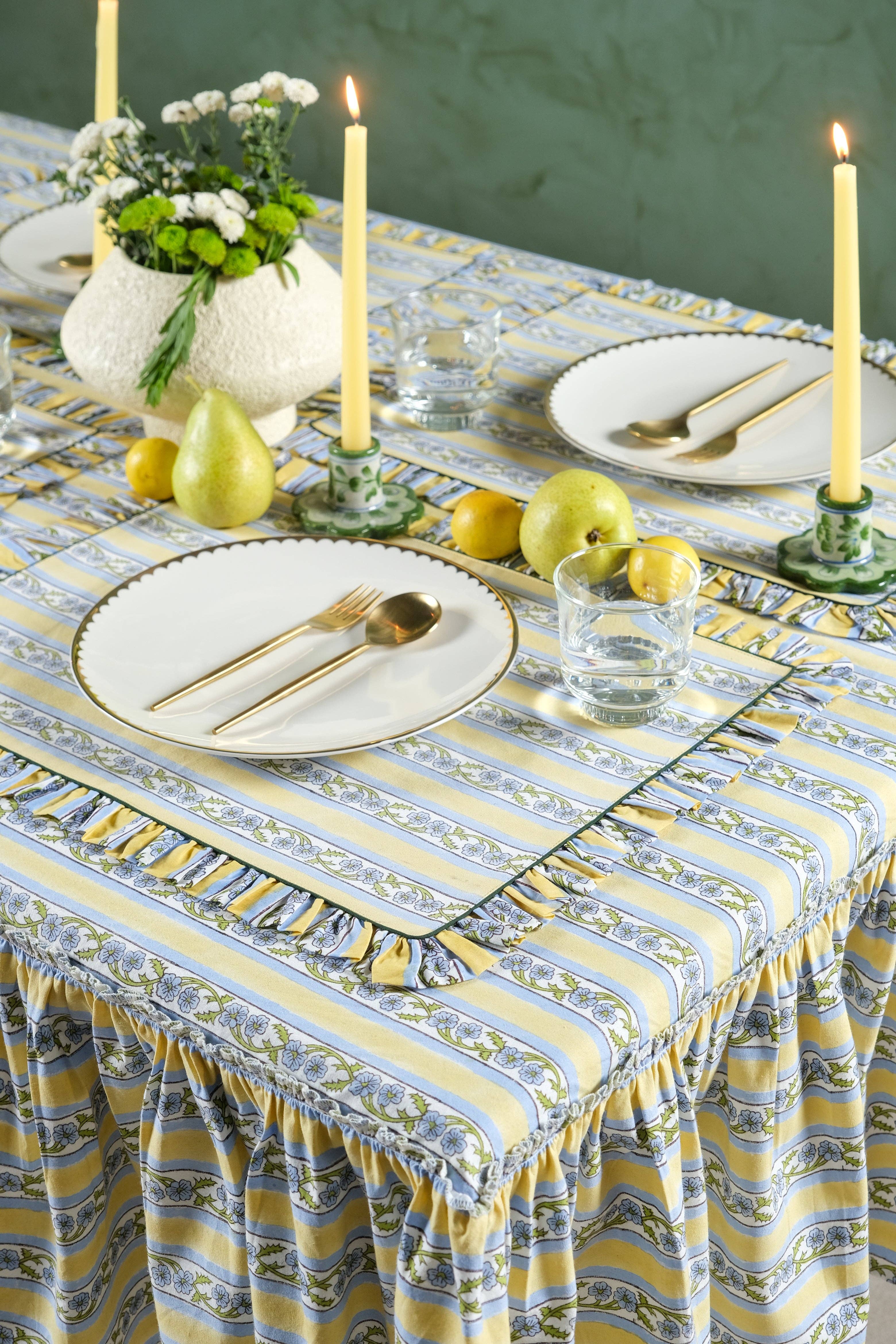 Inner Child – wholesale Tablecloth – Provence Ruffled Blockprint Tablecloth in Butter Yellow3