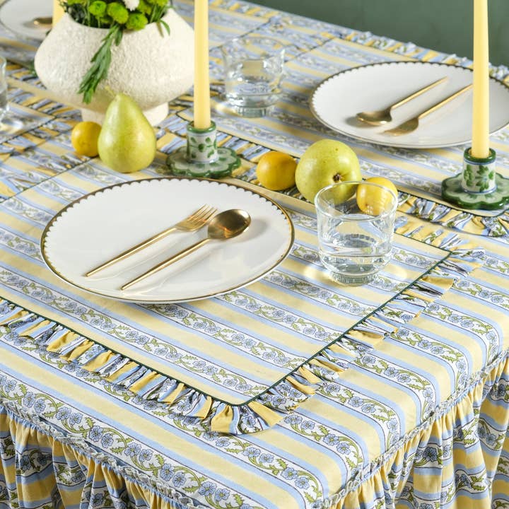 Inner Child – wholesale Tablecloth – Provence Ruffled Blockprint Tablecloth in Butter Yellow3