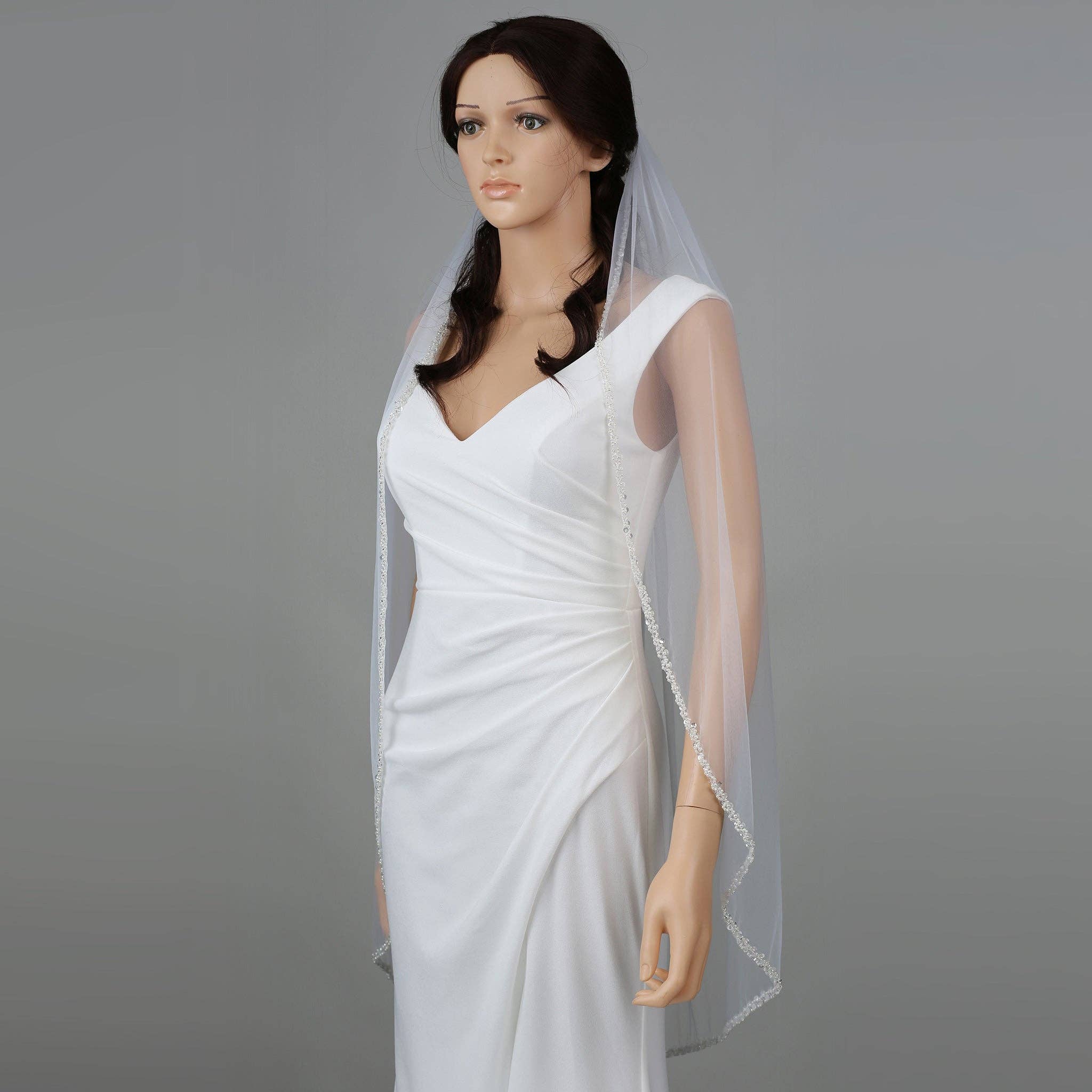 Farinosa Bridal - Venta al por mayor Velo - Mujer - Velo de novia nupcial FS6350 con borde de perlas hasta la punta de los dedos 99 cm1