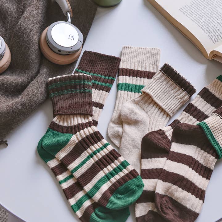 Happy Knits - Wholesale Socks - Women's - Retro Striped Socks - Knitted Cotton Crew Socks For Women12