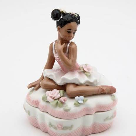Nutcracker Ballet Gifts - Wholesale Jewelry Box/Organizer - Porcelain African American Ballerina with Pink Trinket Box