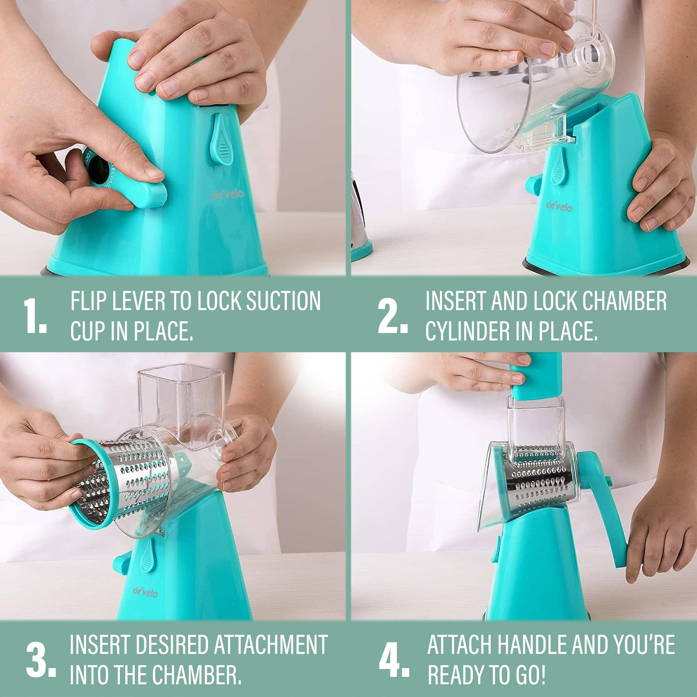 DE'VELO INC. - Vendita all'ingrosso Grattuge - Grattugia per Formaggio Rotante con Base a Ventosa e 3 Lame Intercambiabili15