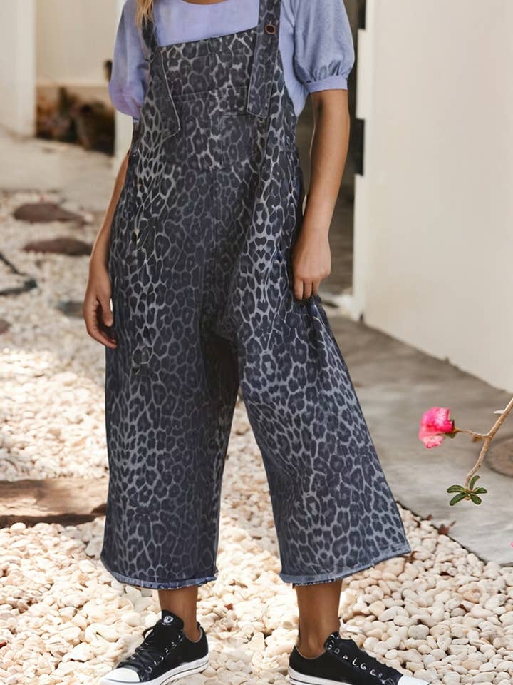 LDC Leopard Button Adjustable Straps Cropped Denim Overalls for wholesale by Little Daisy Closet