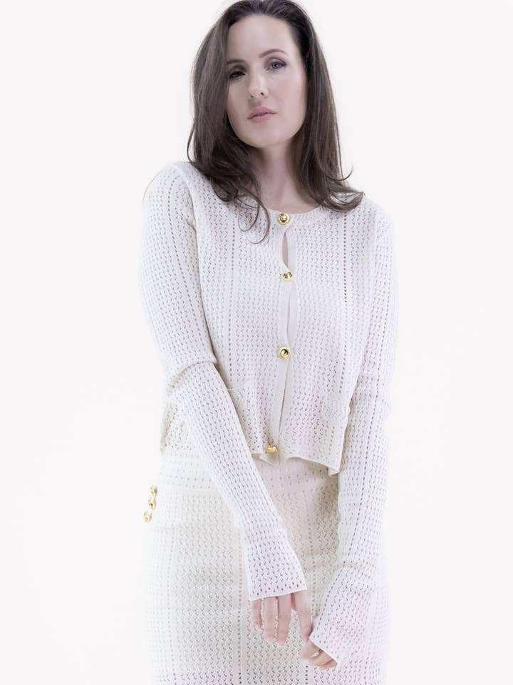 Pointelle Faux Pockets Buttoned Long Sleeve Cardigan for wholesale by Original USA