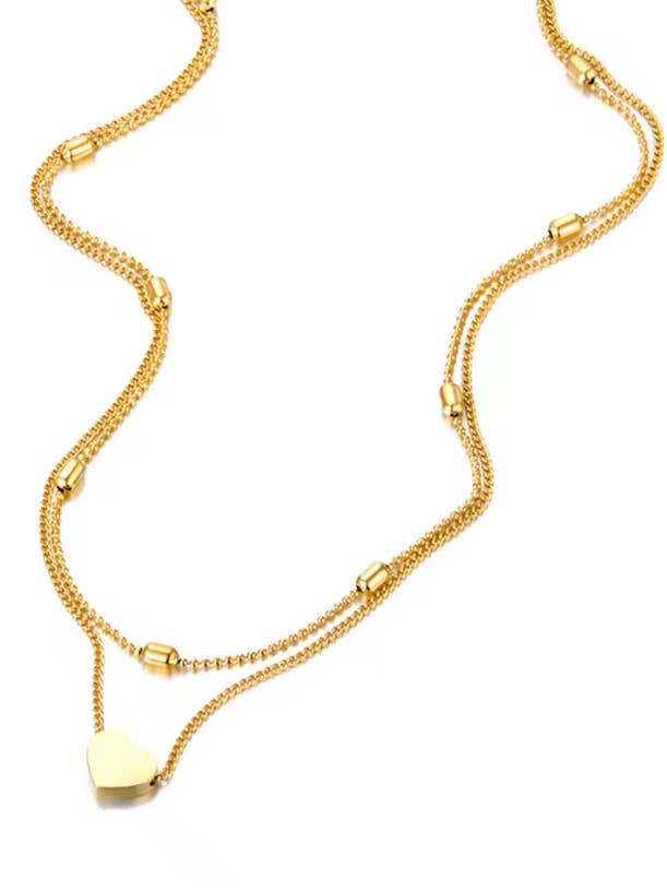 Colar de camadas com coração em aço titânio dourado anti-desgaste | 40NK358 por atacado de JOSSLYN by wall to wall