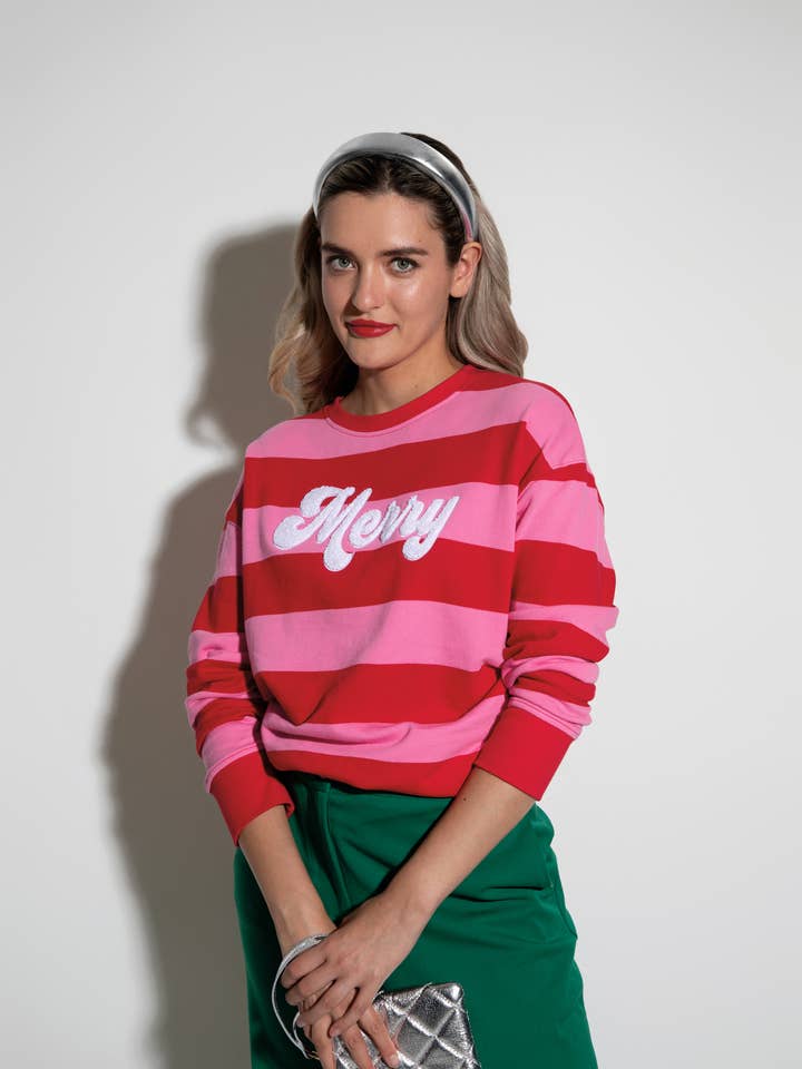 Shiraleah - Wholesale Sweatshirt - Women's - "MERRY" STRIPE SWEATSHIRT
