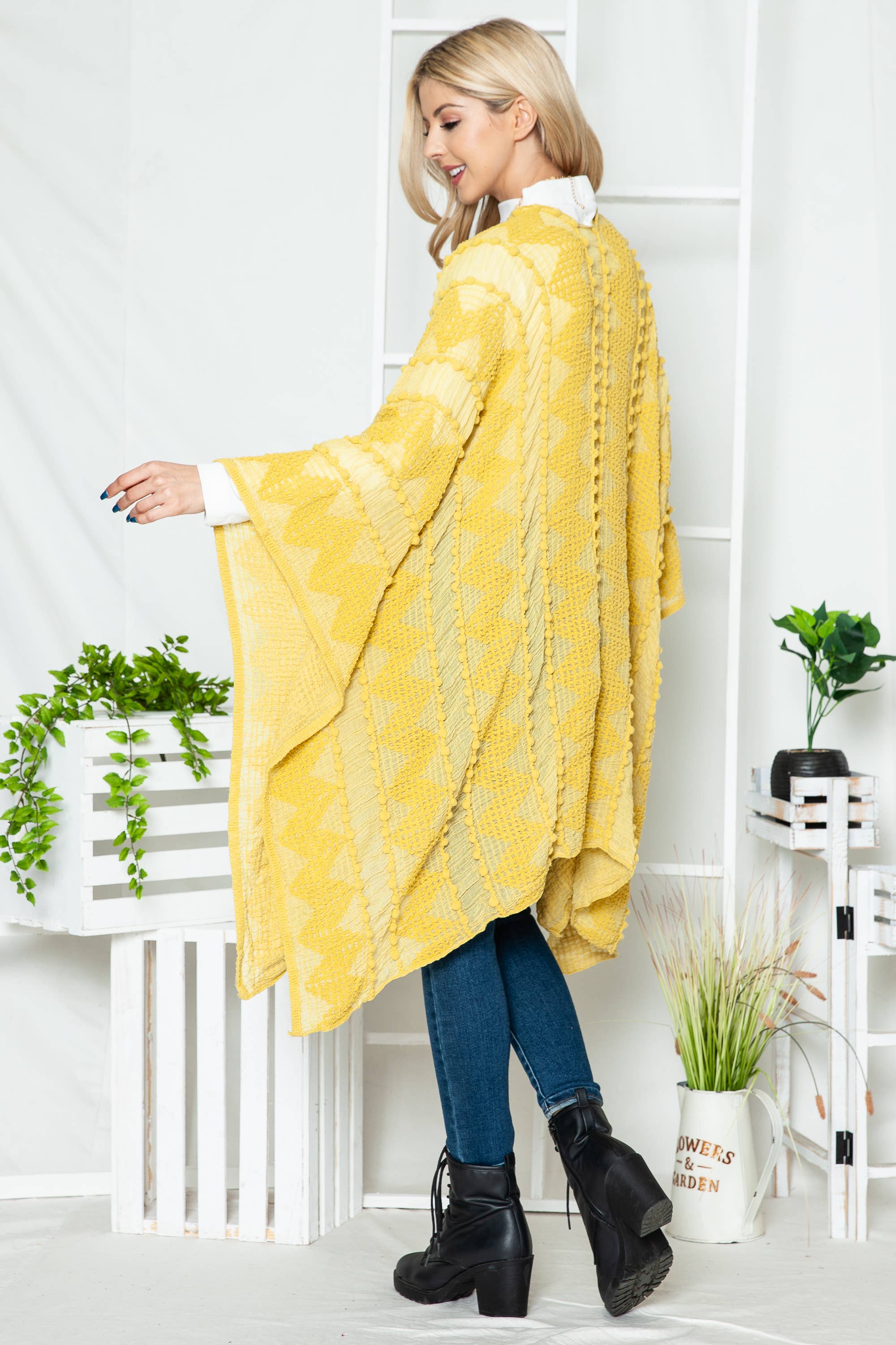 Justin & Taylor - Wholesale Kimono - Women's - Puffer-Up | Soft Textured Cover-Up Kimono With Pom Detail11