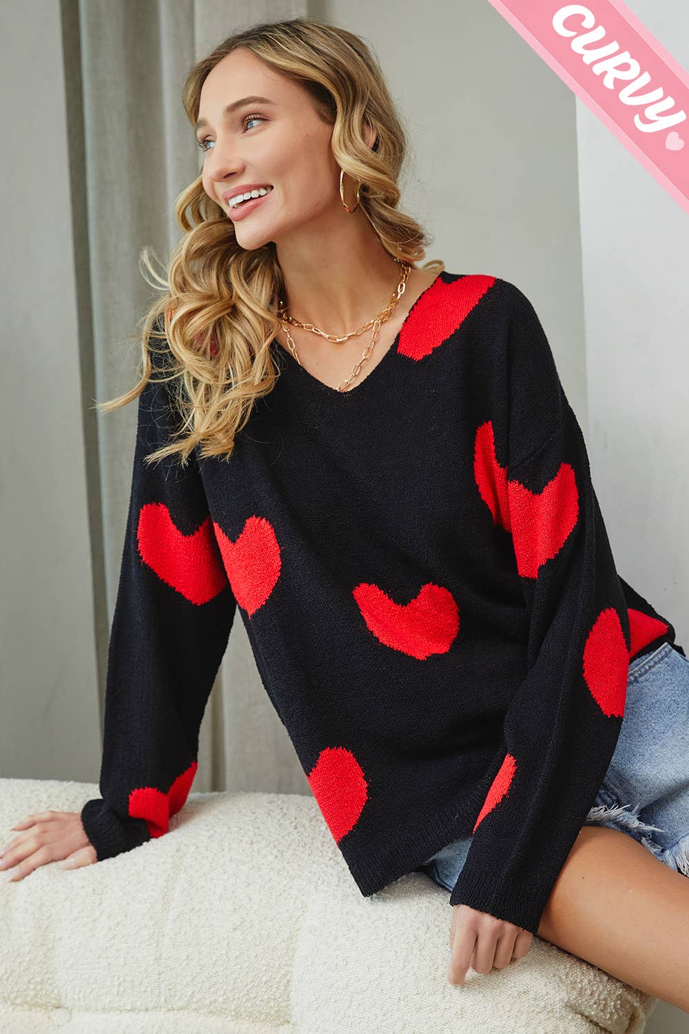 Sweet Lovely by Jen – Engroshandel Pullover - Dame – SW220PL MULTI HJERTE SWEATER PLUS STØRRELSE7