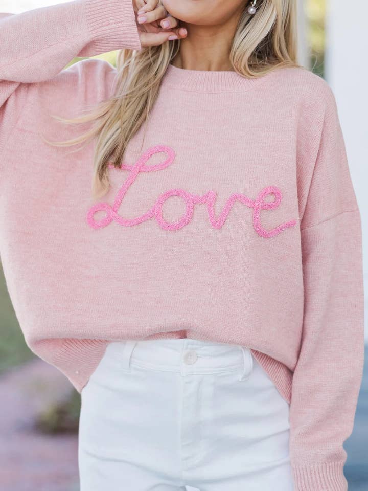 Pink Corded Love Script Graphic Baggy Sweater for wholesale by Molly & Me Boutique