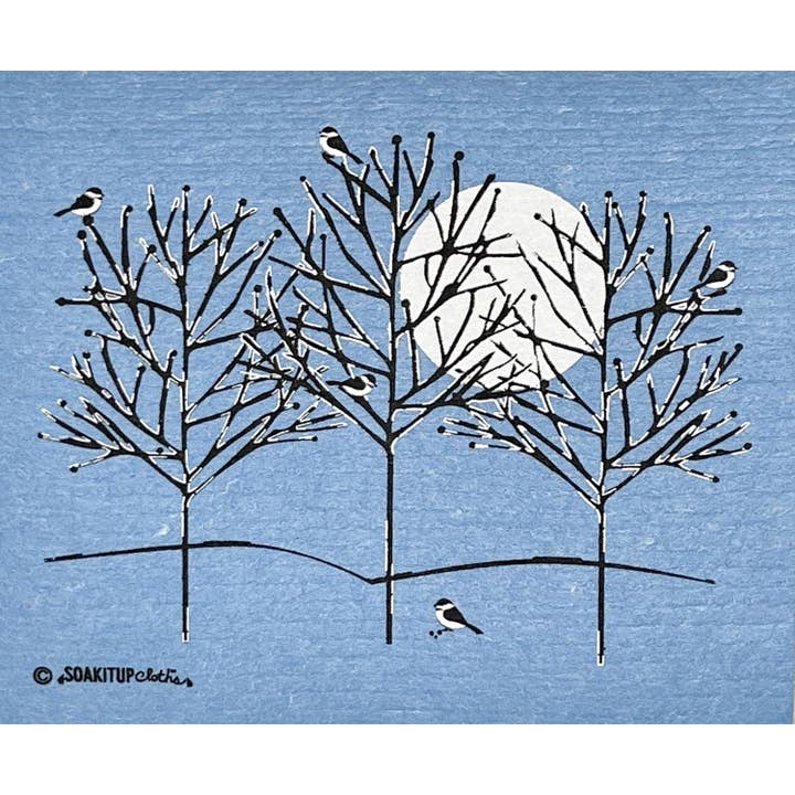 Five Moonlit Chickadees on Frosted Branches Blue Dishcloth for wholesale by Soak iT Up Eco-friendly Greetings + Gifts