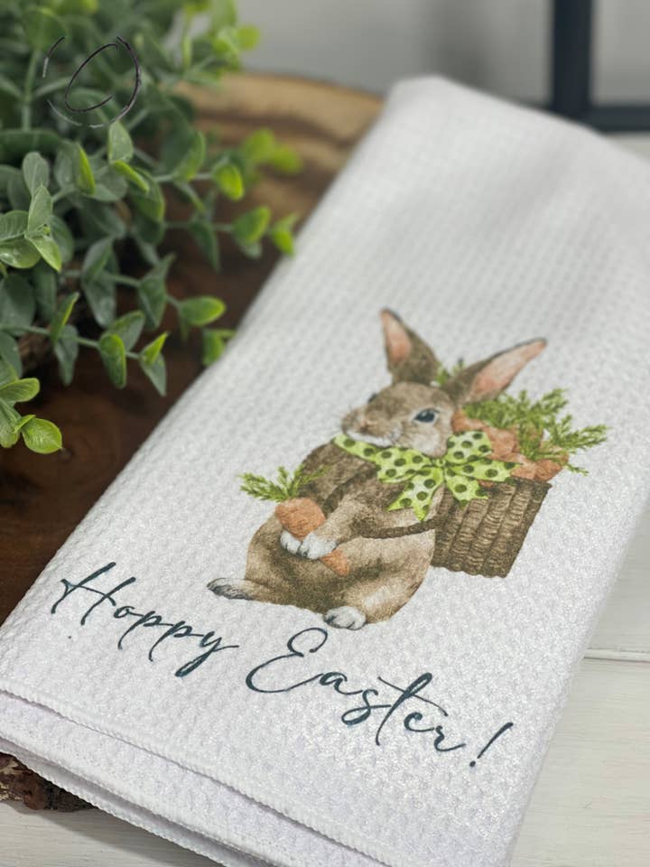 Hoppy Easter Bunny Waffle Weave Tea Towel for wholesale by CMD Wholesale