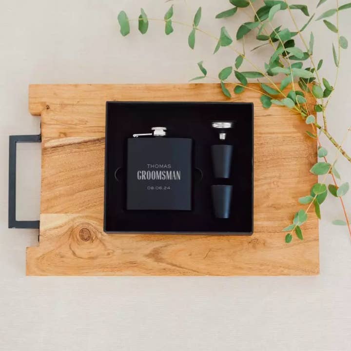 Stainless Steel Hip Flask Gift Box Set - Modern Groomsman for wholesale by Weddingstar Inc.