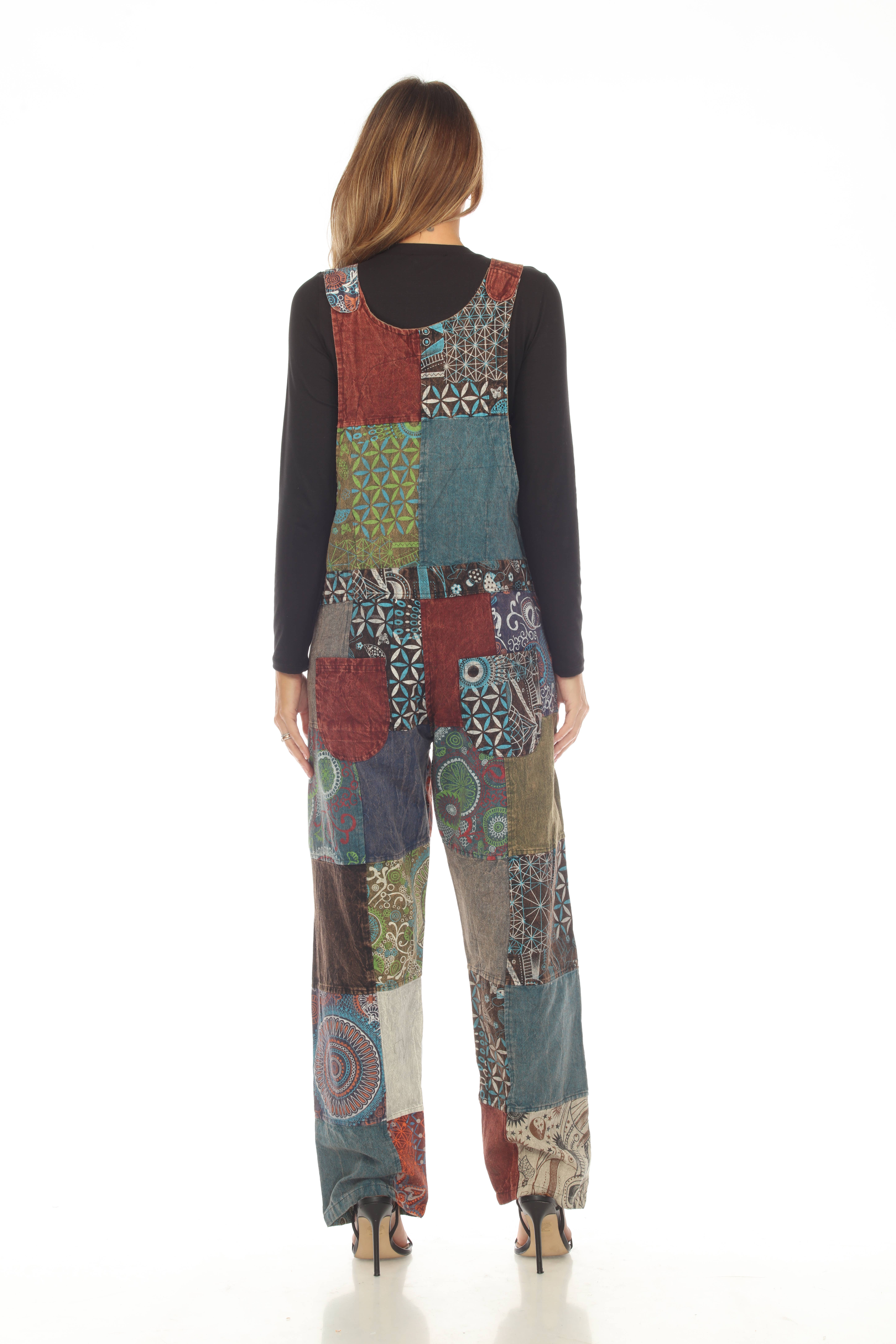 Rising International Inc - Wholesale Overalls - Women's - Cotton Multi Print Patch Stone Wash Jumpsuit Over1