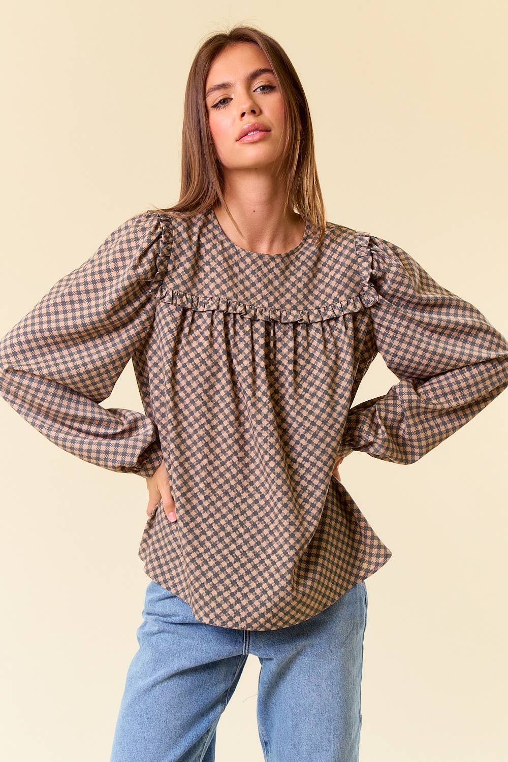 Black Round Neck Puff Long Sleeve Plaid Blouse - 44650T for wholesale on Faire1