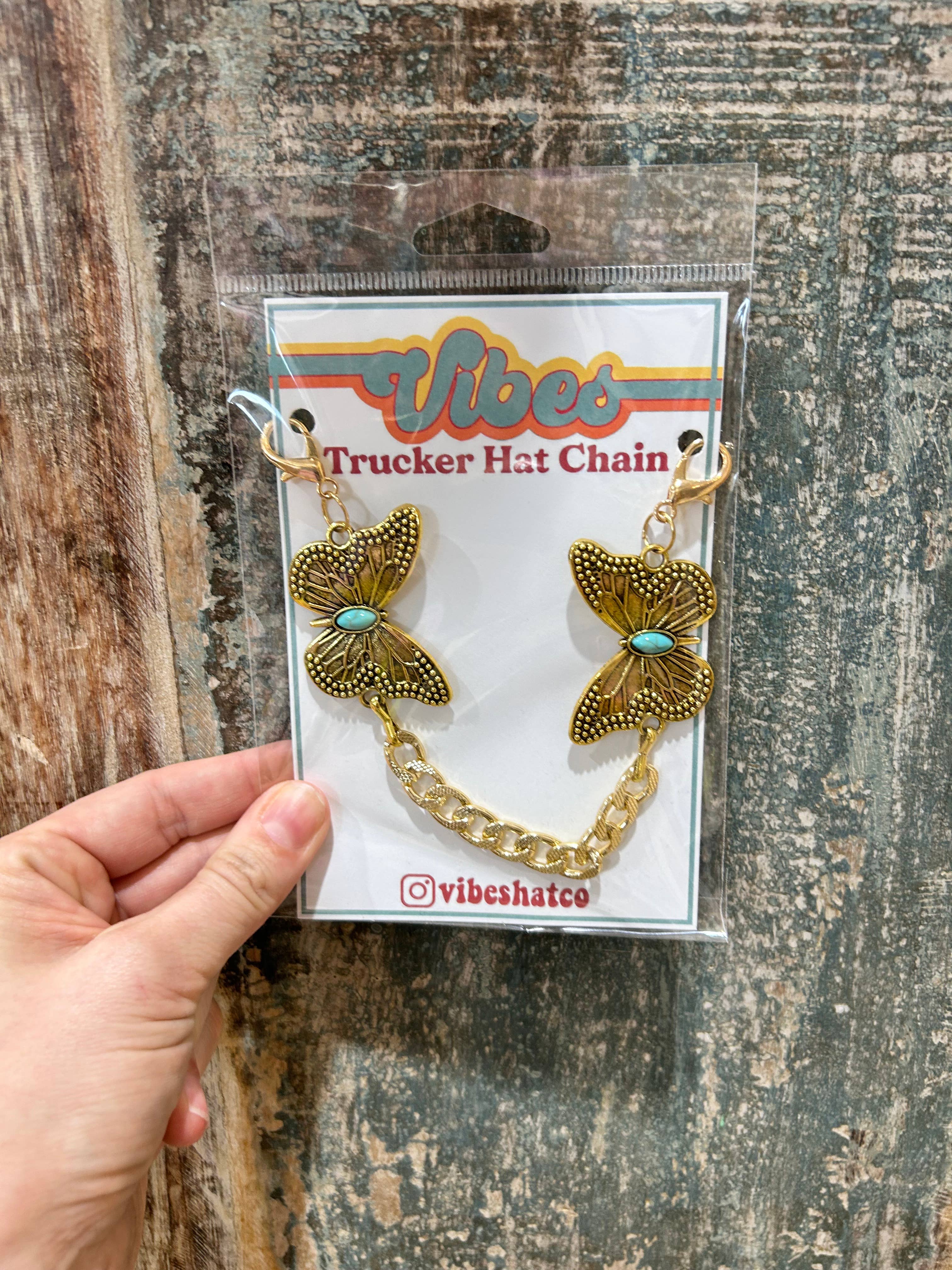 Vibes Hat Company - Wholesale Hat Accessory - Women's - Turquoise & Embossed Gold Butterfly Trucker Hat Chain | Cap