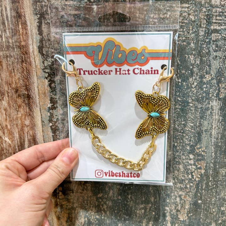 Turquoise & Embossed Gold Butterfly Trucker Hat Chain | Cap for wholesale by Vibes Hat Company