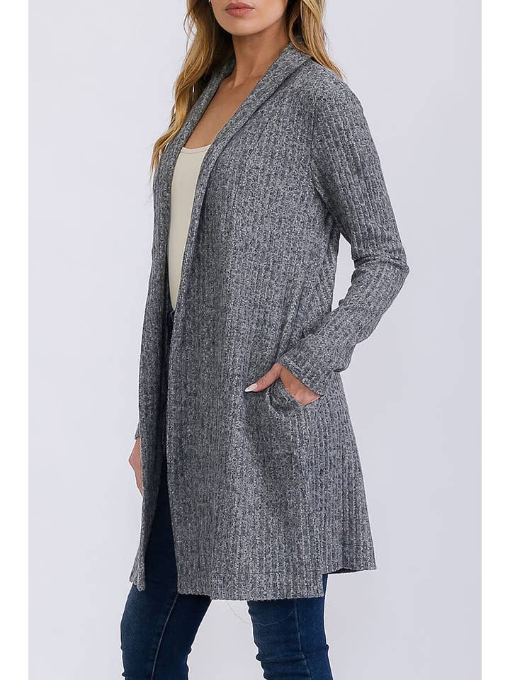 CHARCOAL SOLID RIBBED POCKETS FRONT OPEN DRAPED CARDIGAN for wholesale on Faire1