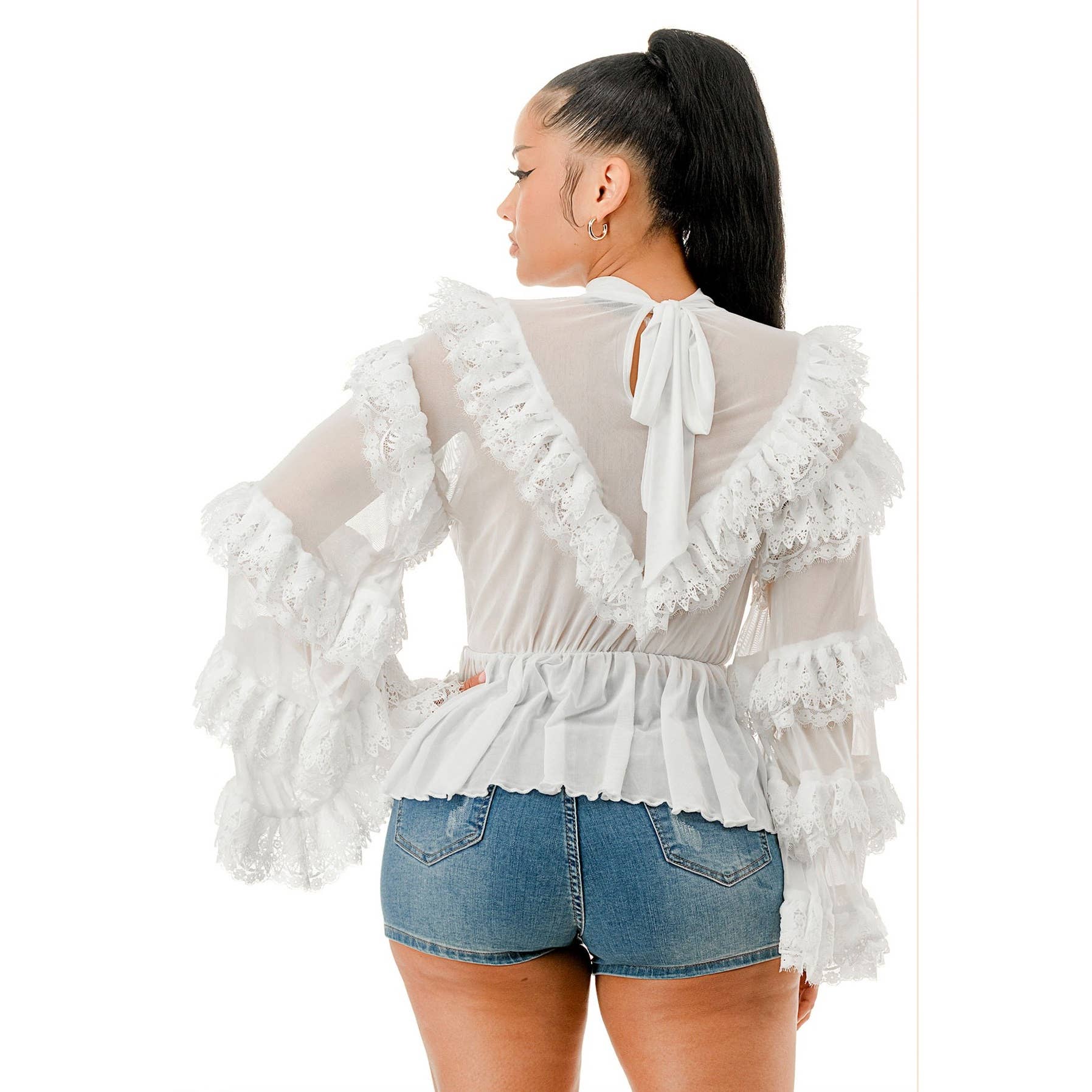 DORCAS - Wholesale Blouse - Women's - Plus Size Long Sleeve Ruffle Lace Blouse Top4