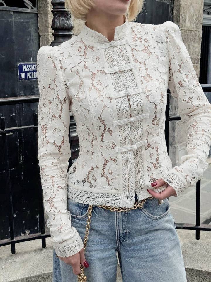 Rosa Clothing - Wholesale Blouse - Women's - Floral lace Chinese buttons blouse long sleeve shirt