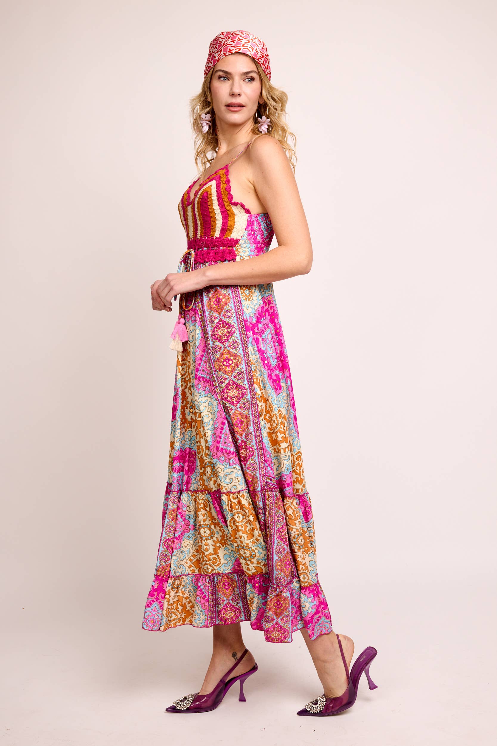  PINK TURQUOISE KLEIN BLUE  PRINTED DRESS 100% COLD SILK, GOLD DETAILS, CROCHET for wholesale on Faire1