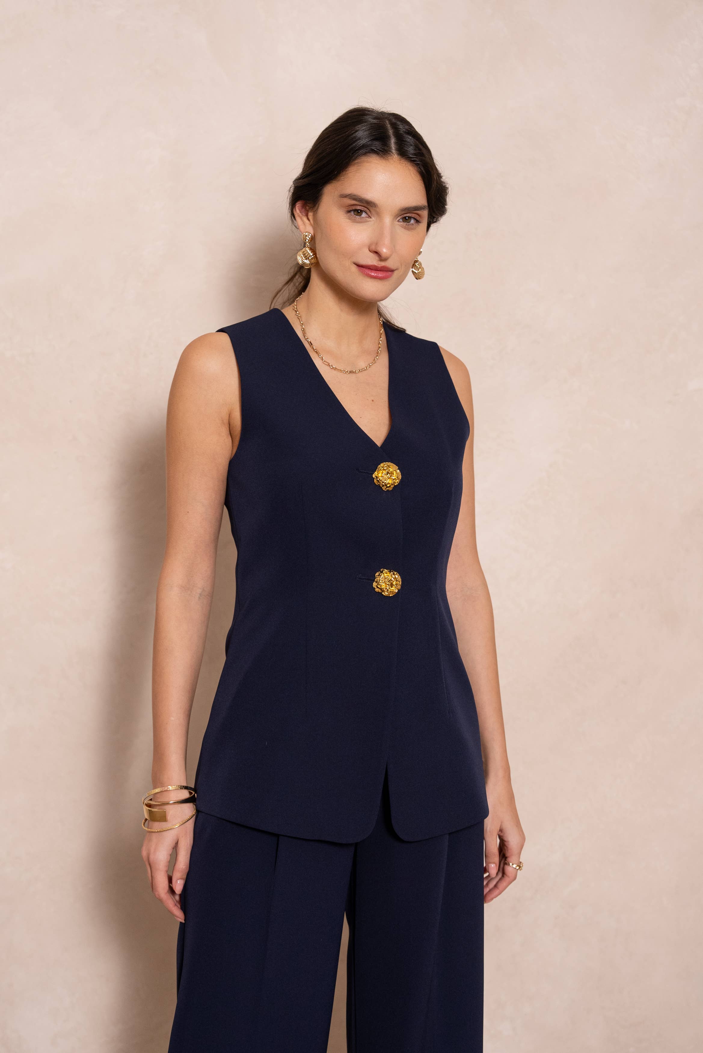 Attentif Paris - Wholesale Suit Vest - Women's - [Timeless] Long sleeveless vest with textured gold buttons0