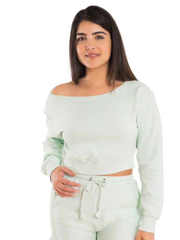 Sweat-shirt raccourci épaules dénudées - Bleu brumeux pour la vente par 4WBW Intimates