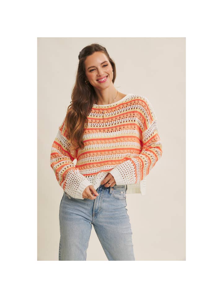 in february - Wholesale Knit Sweater - Women's - BRIGHT VIBRANT MULTI STRIPE LOOSE FIT CROCHET SWEATER TOP3