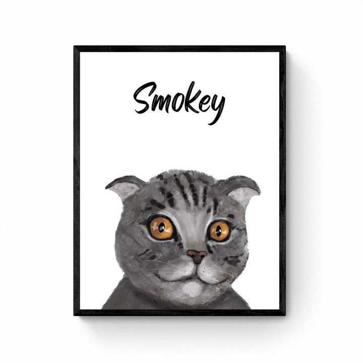 Customized Scottish Fold Cat Portrait, Personalized Cat Name Print, Pet Painting, Gray Cat With Brown Eyes, Animal Memorial, Cat Lover Gift for wholesale by MerikaArt