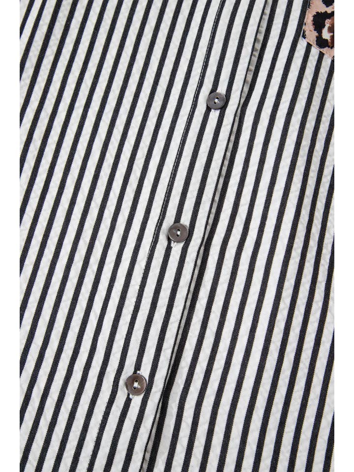 66DISCO - Vente Chemise à col boutonné – femme - Chemise à boutons léopard et rayures contrastées chic printemps 202625