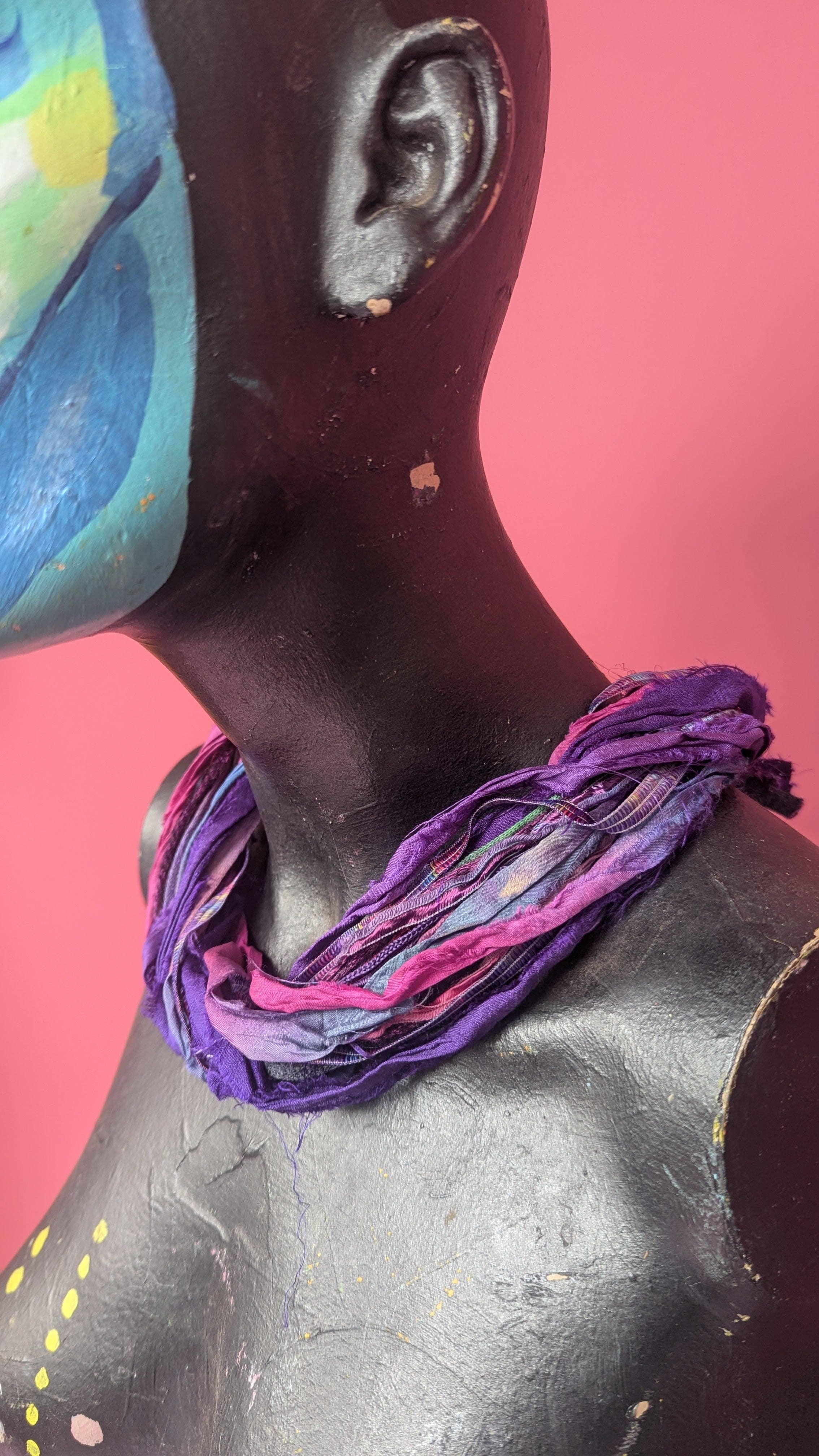 Megan Crook Textiles – wholesale Woven necklace – Silk Yarn Necklace in Pink and Purple2