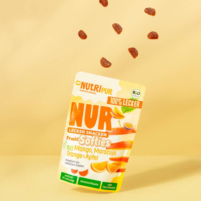 NutriPur - Wholesale Fruit Snacks - Organic Fruit Only Softies Mango + Passion Fruit + Orange + Apple 35g3