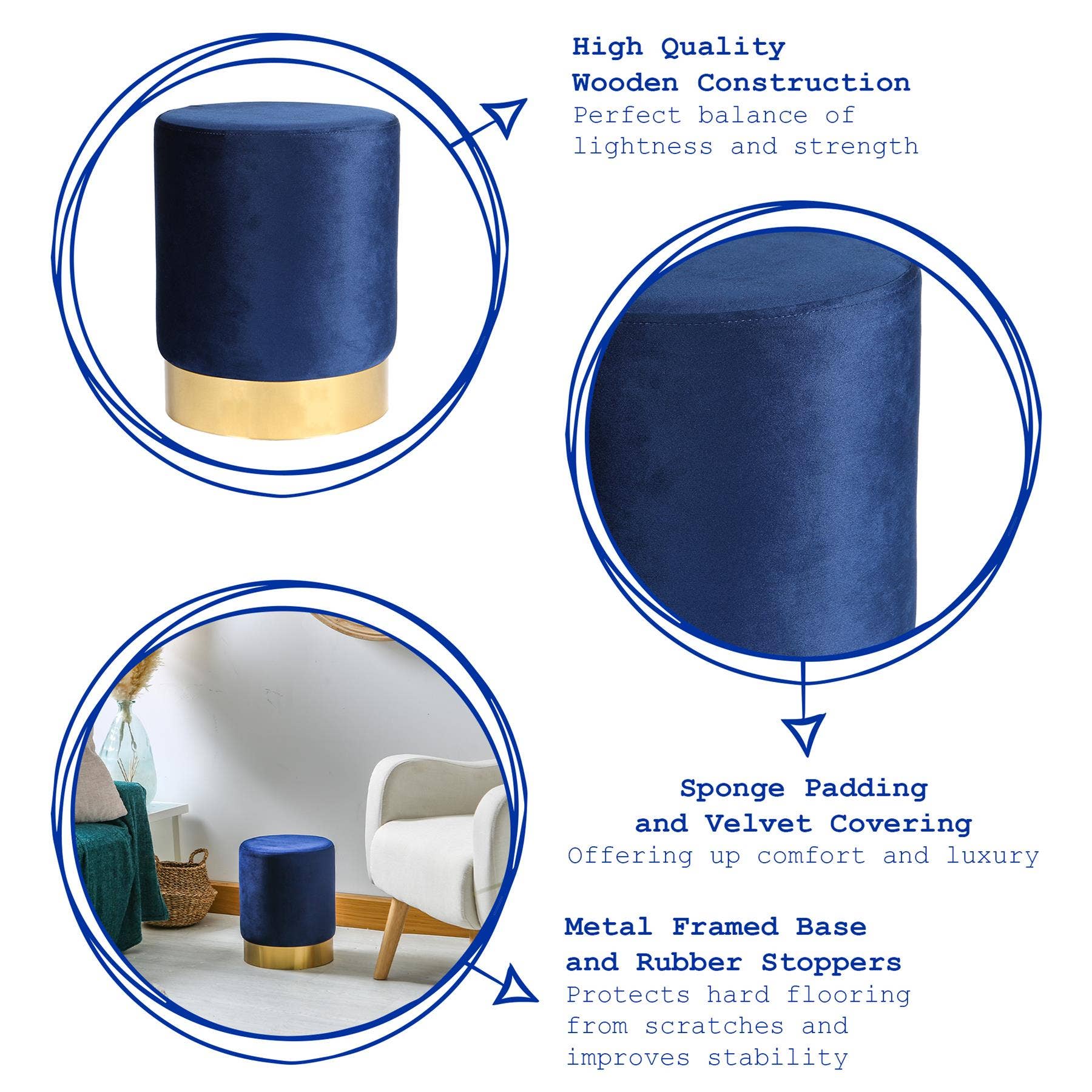 Rinkit Ltd – Großhandel Hocker – Runder samtbezogener Hocker als Fußbank – 29 cm Durchmesser x 36 cm Höhe – von Harbour Housewares3