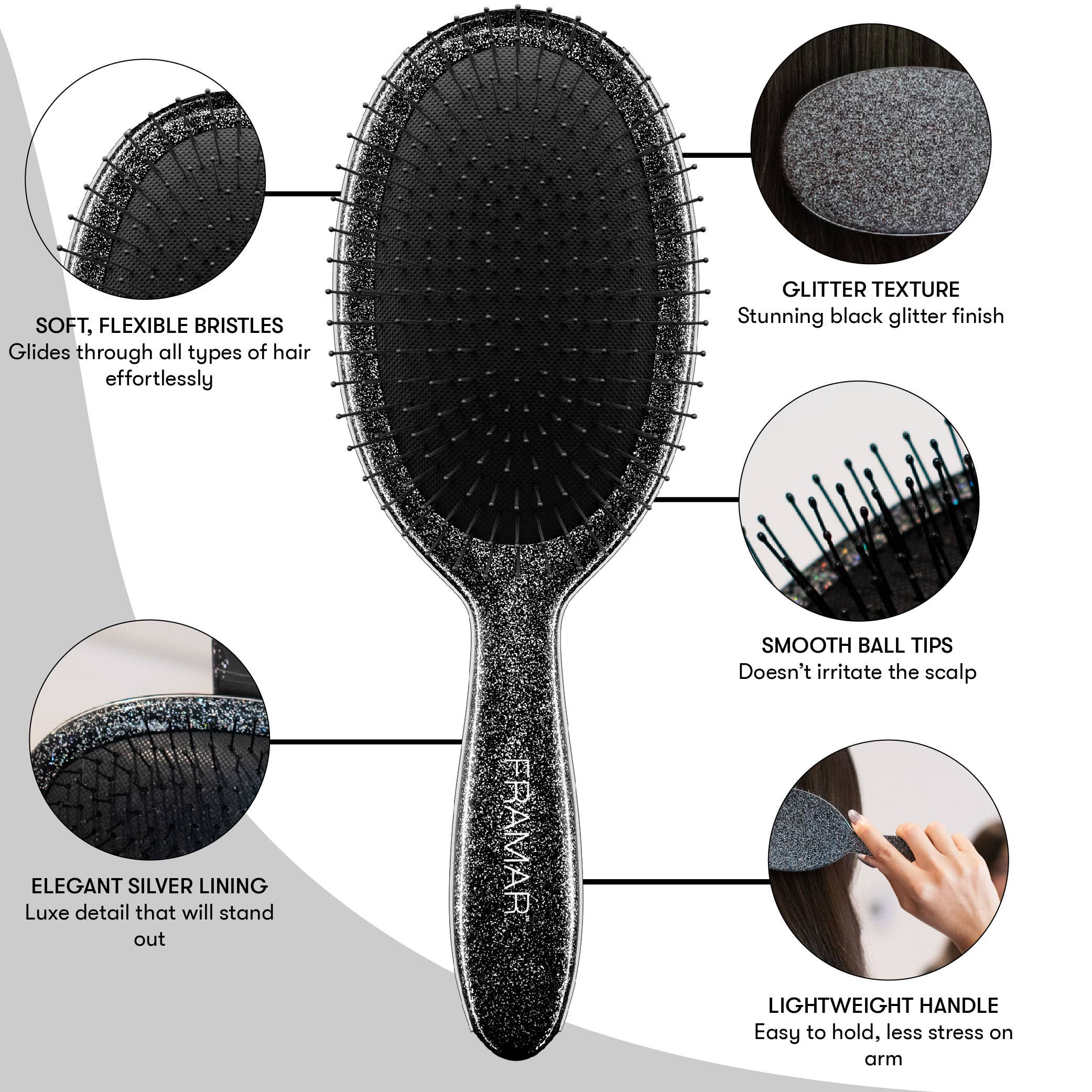 Framar Hair Brushes & Hair Accessories - Wholesale Hair Brush/Comb - FRAMAR Detangling Brush, Wet Hair Brush Detangler - Glitter10