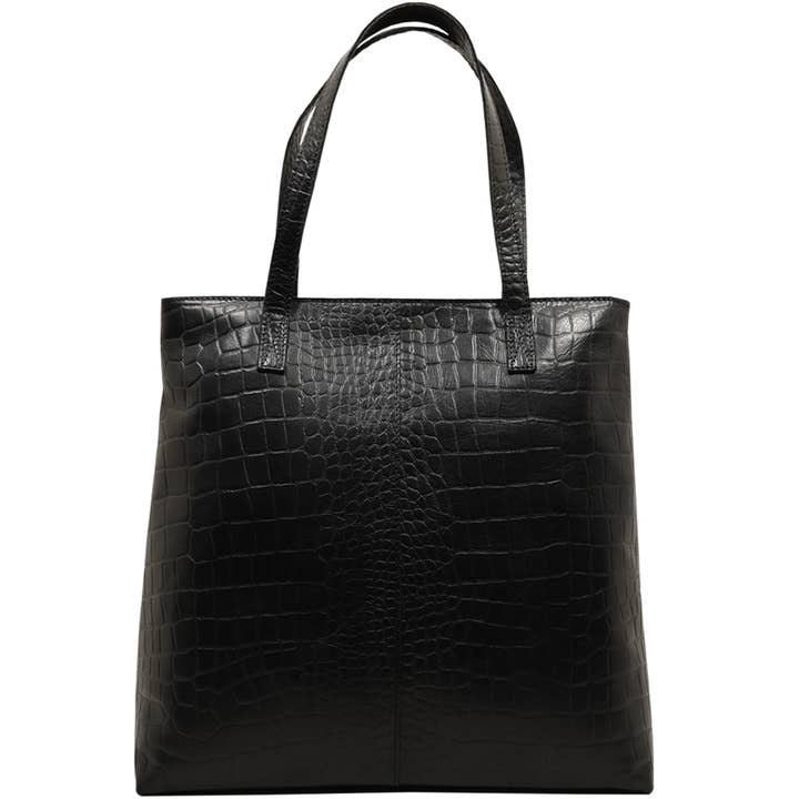 Assots London - Wholesale Tote Bag - Women's - 'FREYA' Black Semi Structured Unlined Croc Leather Tote Bag
