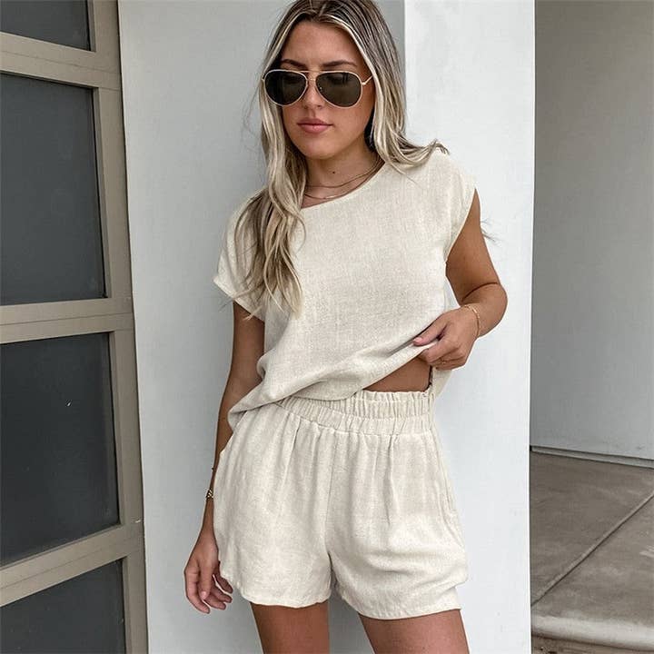 KHAKI Short Sleeve Cotton Linen Pajama Set with Solid Color for wholesale on Faire3