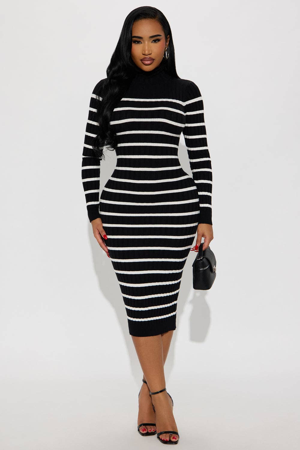 5besties inc - Wholesale Dress - Women's - STRIPE TURTLENECK SWEATER MIDI DRESS0