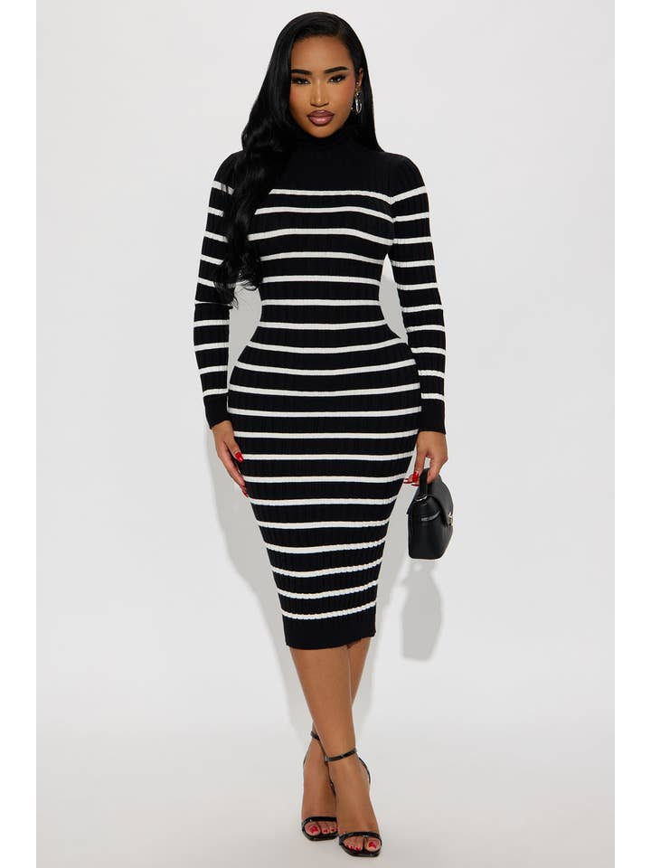 5besties inc - Wholesale Dress - Women's - STRIPE TURTLENECK SWEATER MIDI DRESS