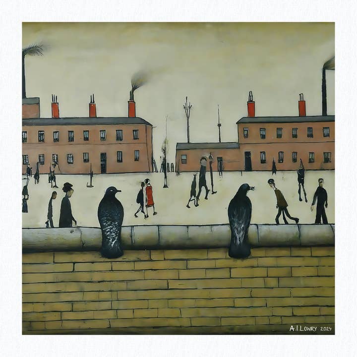 Pigeons on a Wall - Giclée Art Print 21cm Square. Delightful Image in the Style Of LS Lowry for wholesale by AI Lowry