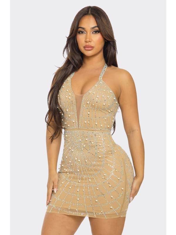 BANJUL - Wholesale Dress - Women's - BCCDS62869Rhinestone/Peal Embellished Halter Neck Mini Dress8