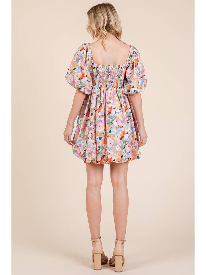 Pink Multi Floral Bubble Skirt Babydoll Mini Dress, MD51415 for wholesale on Faire