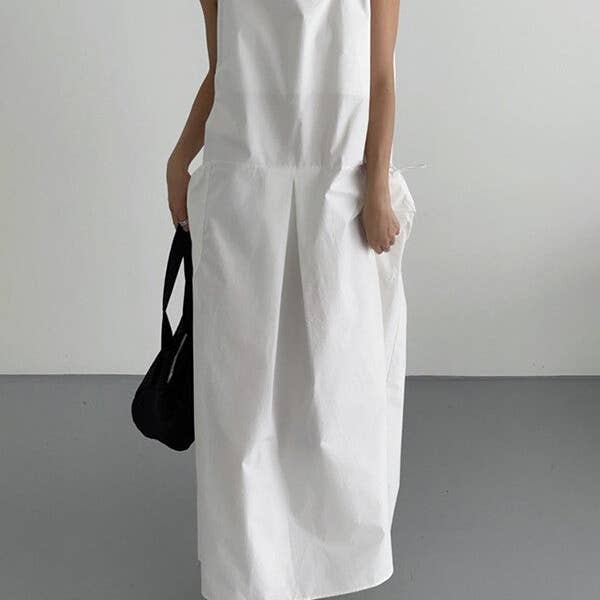 Sleeveless Pleat Pocket Solid Spaghetti-Strap Maxi for wholesale by Plush Looks