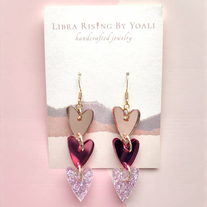 Acrylic Valentine Dangle Earrings in Shades of Pink for wholesale by Libra Ris↟ng By Yoali