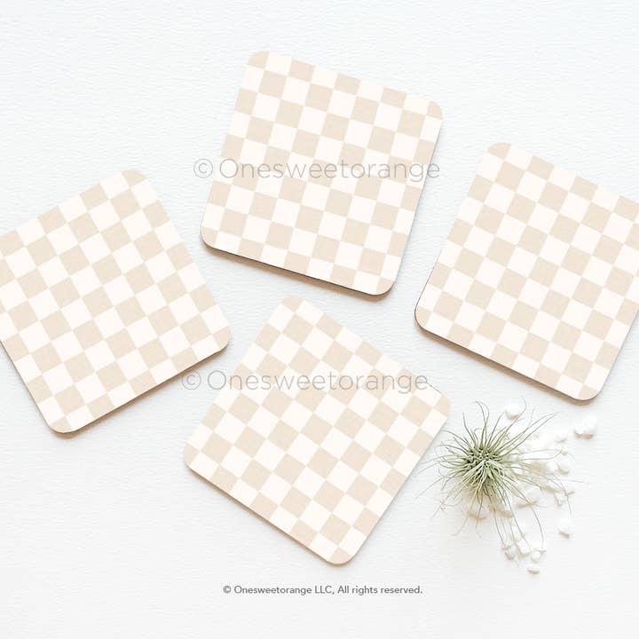 Neutral Checker Coaster Set of 4 Check Coasters Coaster Set for wholesale by Onesweetorange