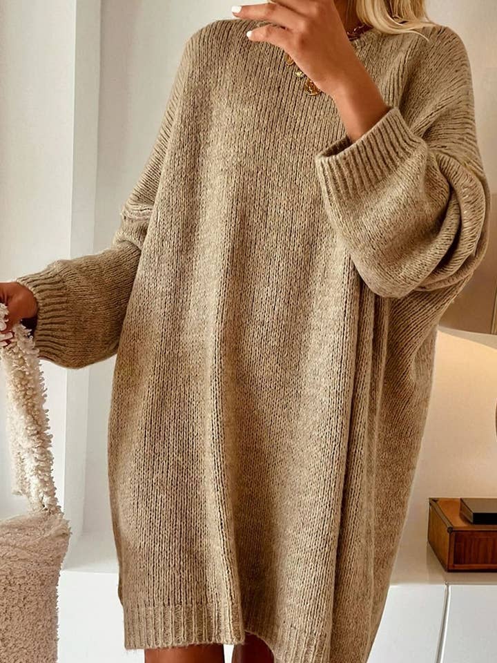 Pale Khaki Exposed Seam Drop Shoulder Oversize Sweater Mini Dress for wholesale by Sweet Lover Fashion