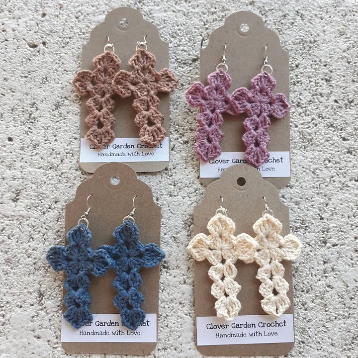 Crochet Christian Cross Design Cotton Drop Earrings for wholesale by Clover Garden Crafts