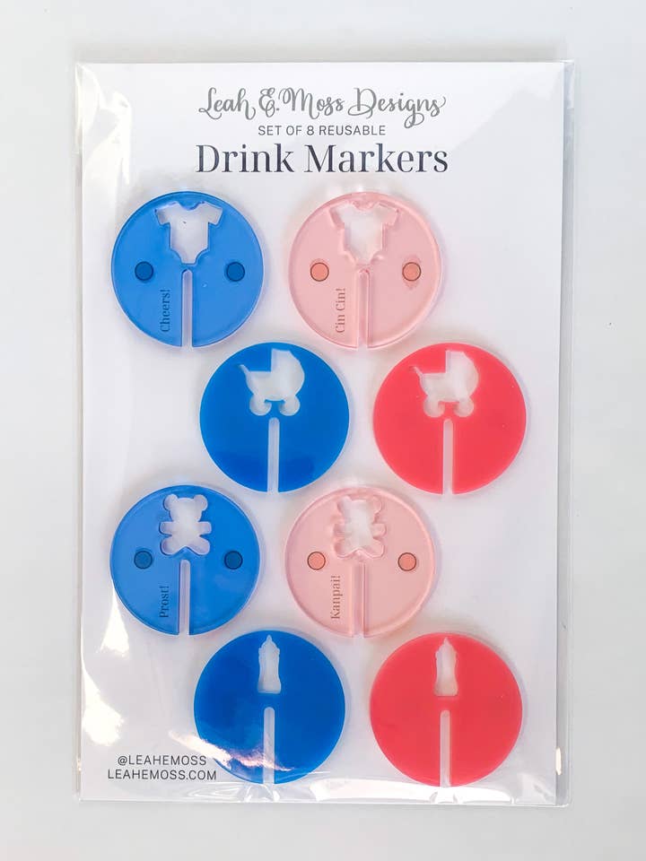 Baby pink and blue drink markers, gender reveal drink charms for wholesale by Leah E. Moss Designs