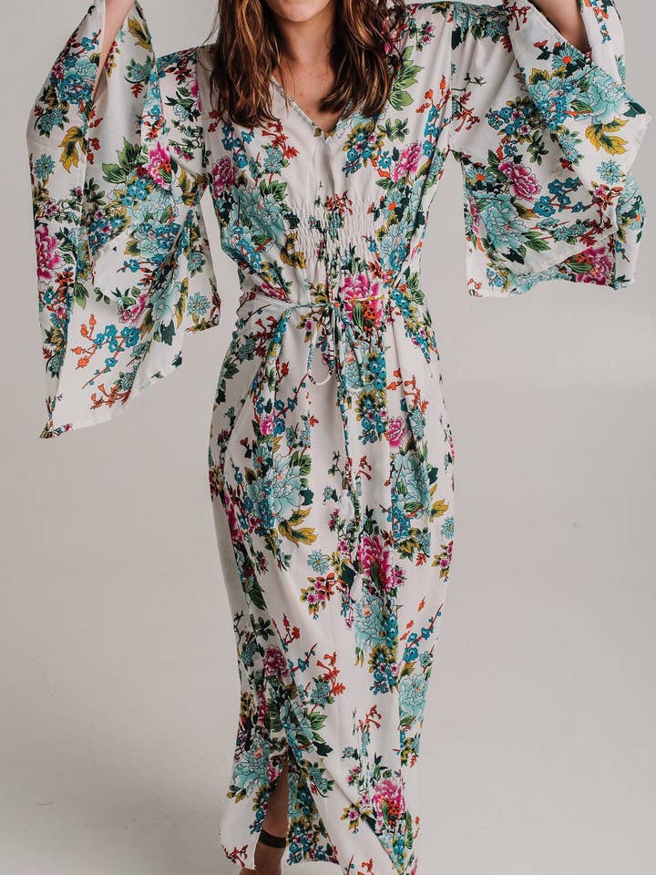 Full Body Dress, V Neck Dress, Long Boho Long Dress Navy Blue Flowy Wide Sleeves Summer Romantic Beach Dress, Boho Gift Dress For Your Belizean Dress* for wholesale by Miss Kitsch