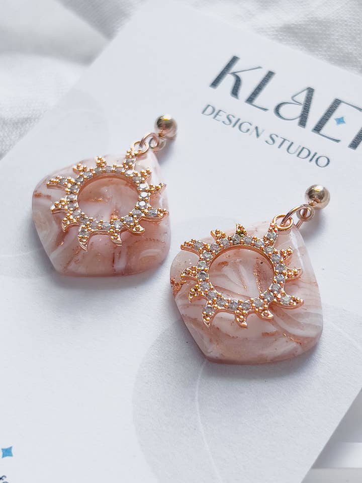Bridal ✦ Rose gold marbled earrings with zirconia sun for wholesale by KLAEI DESIGN STUDIO