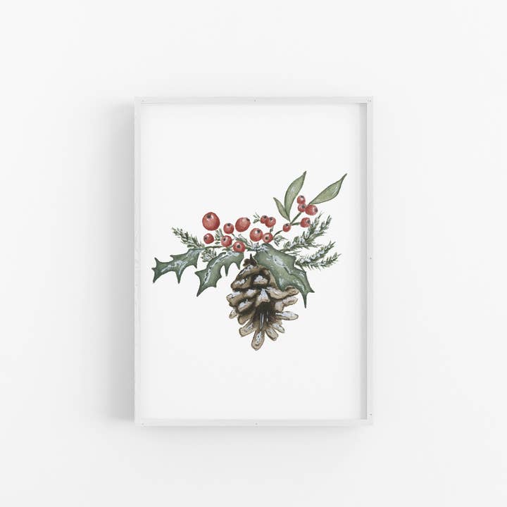 Holly Berry & Pinecone | Watercolor Holiday Art Print for wholesale by Letter Lane Design Studio