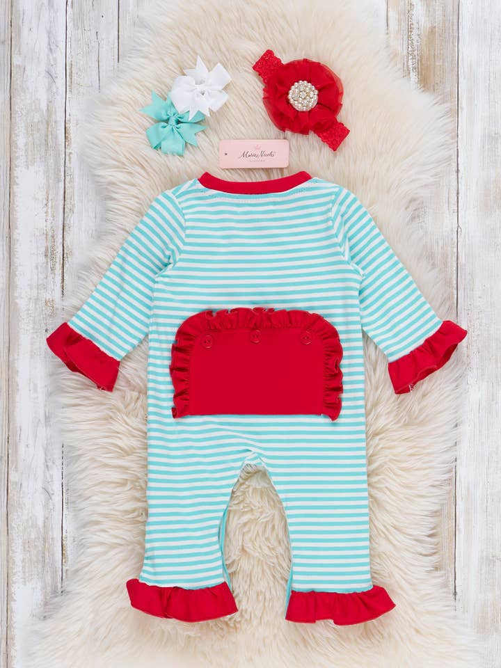 Marie Nicole Clothing - Wholesale Jumpsuit - Baby - Christmas Cheer Striped Embroidered Ruffle Romper2